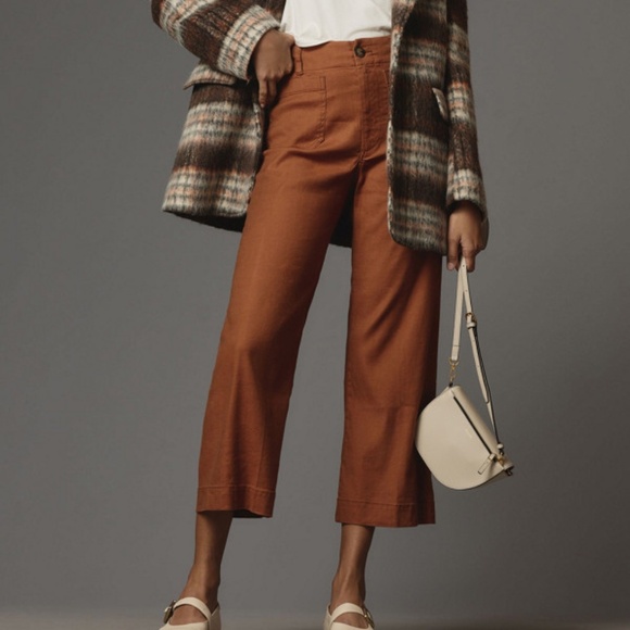 Maeve Anthropologie Colette Linen Cropped Pants Women’s 29 Brown Wide Leg Boho - Picture 1 of 10
